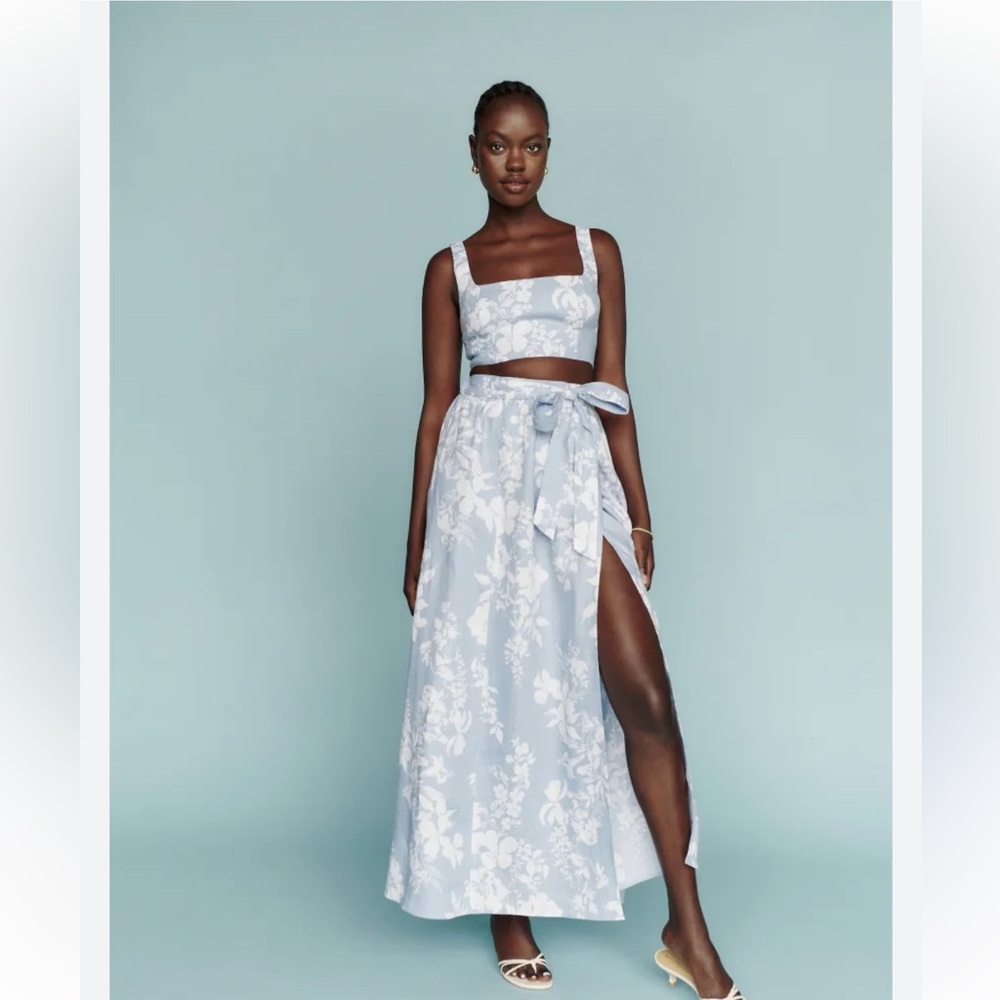 Reformation Light Blue Floral Skirt Set